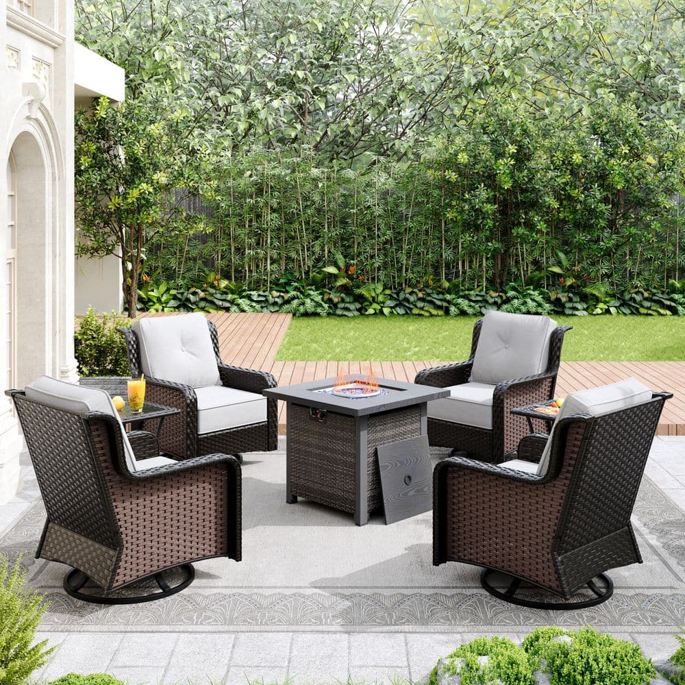 7-Piece Wicker Swivel Armchairs Patio Conversation Set with 28 in. Fire Table, Side Tables and Grey Cushions price history on PriceWatchPro