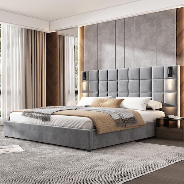 Svens Modern King Size Upholstered Velvet Platform Bedframe and Headboard with Lamps and USB Ports, Grey