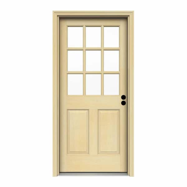 JELD-WEN 32 in. x 80 in. 9 Lite Unfinished Wood Prehung Left-Hand Inswing Entry Door with Unfinished AuraLast Jamb and Brickmold