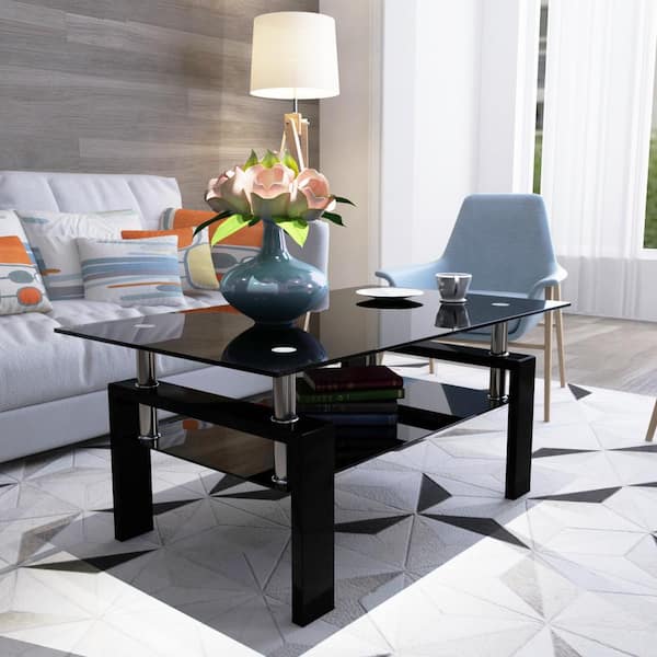 J&E Home 39.37 in. Rectangle Black Glass Top Coffee Table