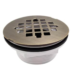 2 in. No-Caulk PVC Compression Shower Drain with 4-1/4 in. Round Grid Cover, Antique Brass