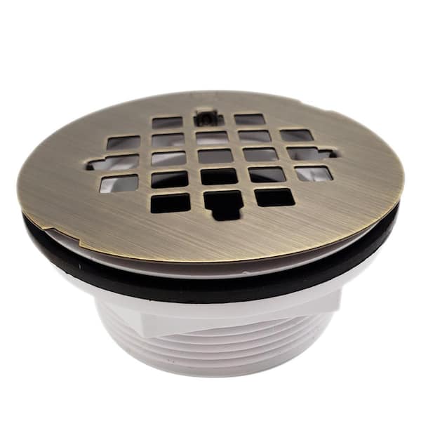 Westbrass 2 in. No-Caulk PVC Compression Shower Drain with 4-1/4 in. Round Grid Cover, Antique Brass