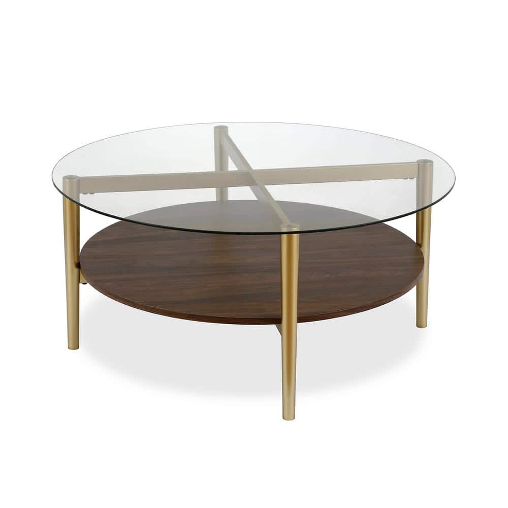 Mid-Century Gold & Walnut 36" Round Coffee Table with Glass Top