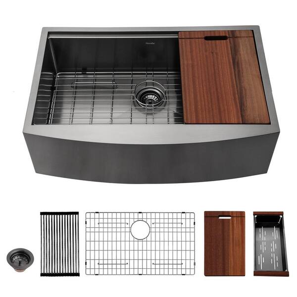ANGELES HOME 33 in. Farmhouse/Apron Front Single Bowl 16-Gauge Workstation Farm Kitchen Sink with Bottom Grids