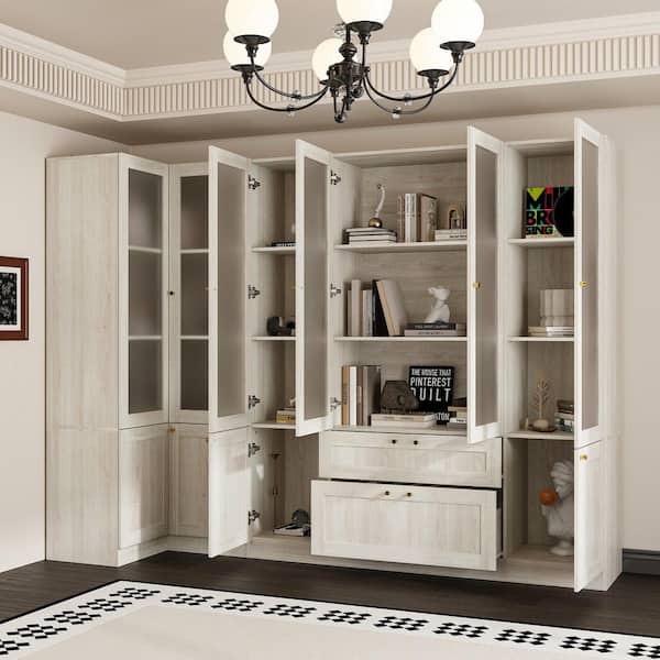 70.9 in. Tall 11-Shelf Gray Wood Grain Standard Bookcase Corner Bookshelf with Adjustable Shelves, Frosted Glass Doors