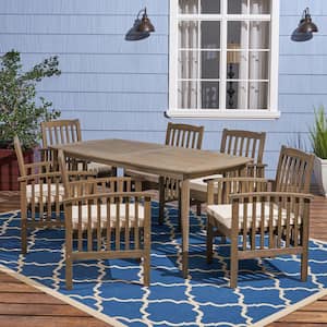 Casa Acacia Grey 7-Piece Acacia Wood Rectangular Table with Straight Legs Outdoor Dining Set with Cream Cushion