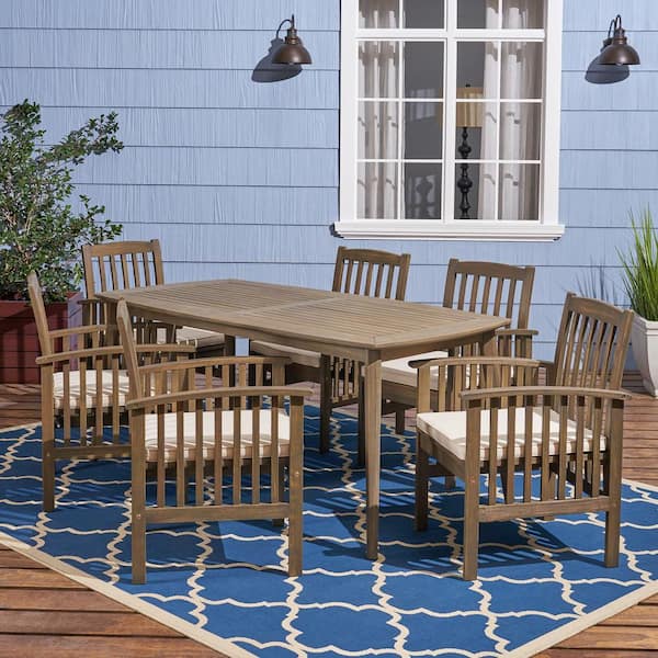 Noble House Casa Acacia Grey 7-Piece Acacia Wood Rectangular Table with Straight Legs Patio Outdoor Dining Set with Cream Cushion