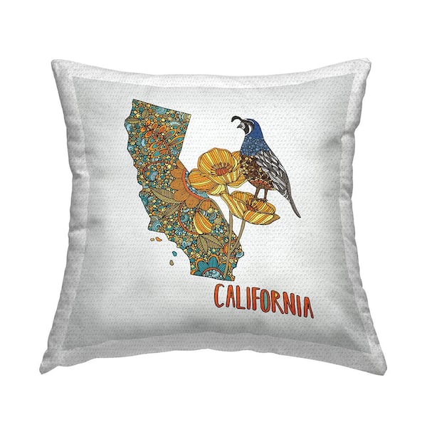 California Poppy Patterned Quail Multi-Color Square Outdoor Throw Pillow
