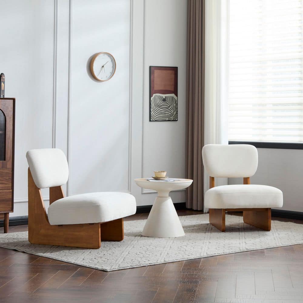 Flexiform Modern Polyester Upholstered Lounge Chairs Accent Slipper Chairs, Solid Wood Base, Natural + Beige, Set of 2