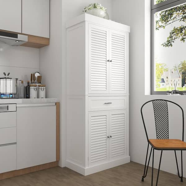71.6 in. H White Wood Kitchen Food Pantry 2-Shutter Doors Cabinet, Buffet with Adjustable Shelves and Drawer