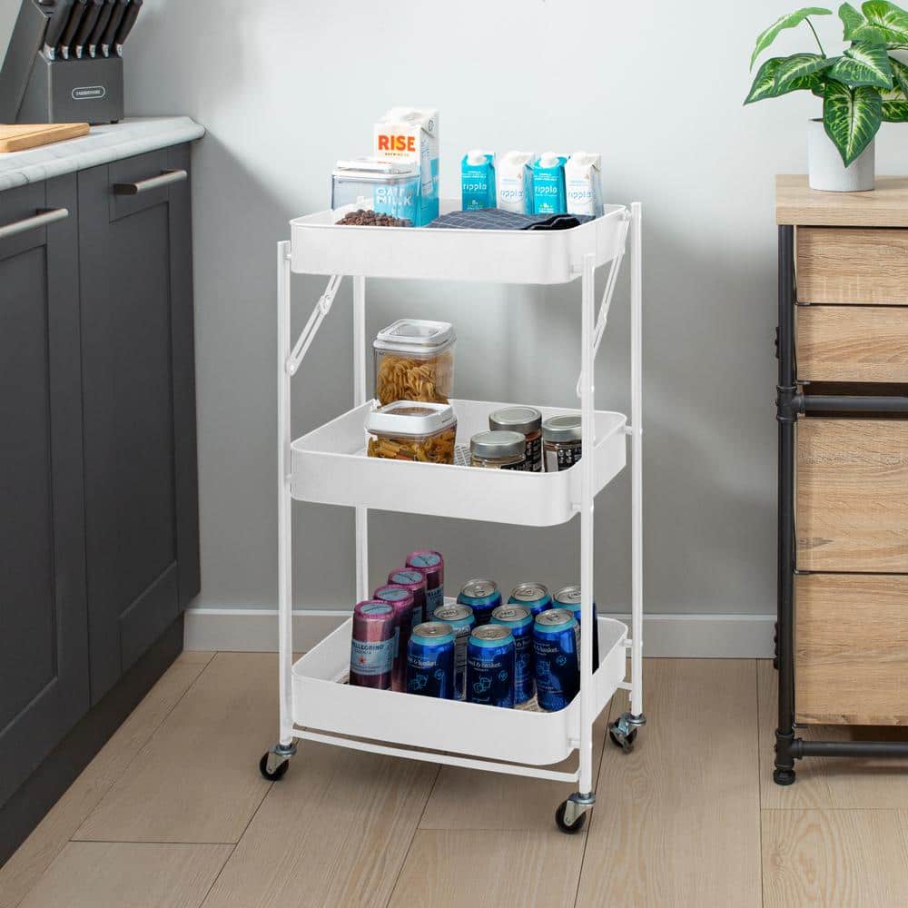 White 3-Tier Metal Folding Utility Rolling Storage Cart