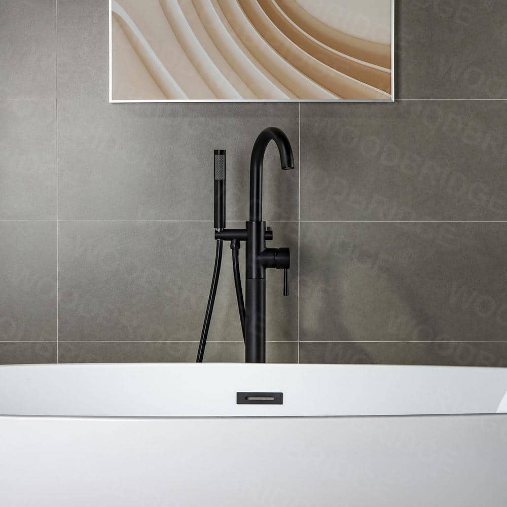 Matte Black Brass Floor Mount Bathtub Faucet with Hand Shower