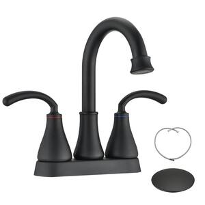4 in. Centerset Double Handle High Arc Bathroom Faucet with Drain Kit Included Brass Sink Basin Faucets in Matte Black