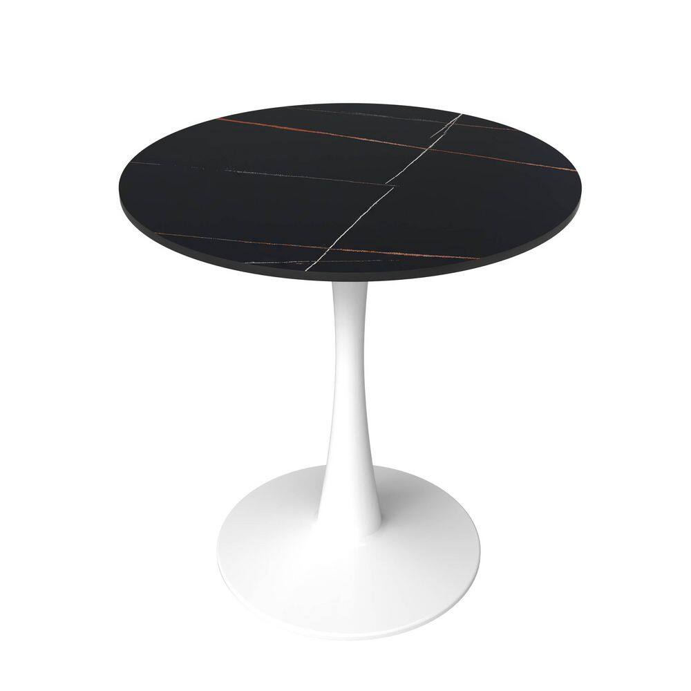 Bristol 27 in. Round Dining Table with Sintered Stone Top and White Steel Pedestal Base in Black
