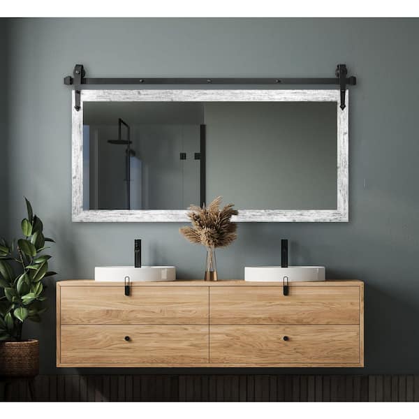 (52 in. W x 31 in. H) Weathered White Accent Mirror with Steel Barn Door Rail