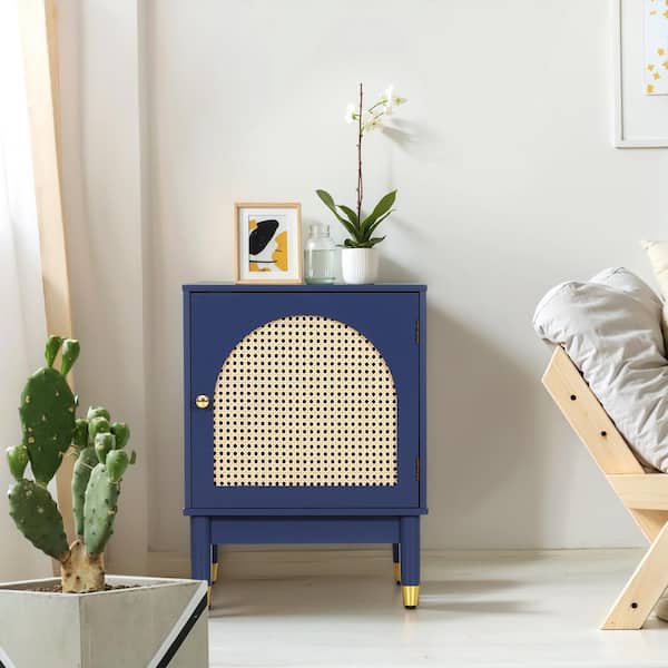 PHI VILLA 23.8 in. Navy Blue Rattan Arched Nightstand with 1 Door