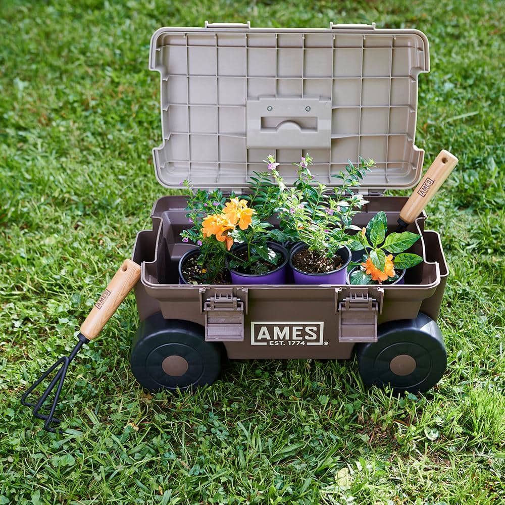 Brown and Beige Plastic Rolling Garden Storage Cart