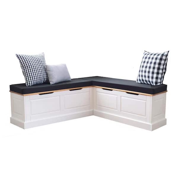 Linon Home Decor Rockhill Natural & White Breakfast Dining Bench backless Nook with Black 5 piece Cushion Set 62.4 in. W