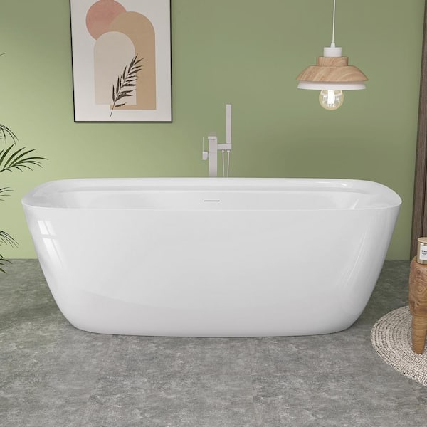 67 in. x 31 in. Acrylic Freestanding Soaking Bathtub Flat Bottom with Center Drain Rectangular Stand Alone Tub in White