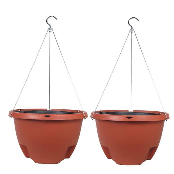 The Weekender Large 16" Terracotta Color Heavy Plastic Round Indoor/Outdoor Water Reservoir Hanging Planter (2 Pack)