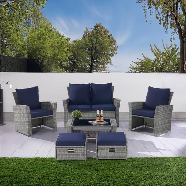 BFB 6-Piece Wicker Patio Conversation Set, Seating Set with Ottoman JF ...