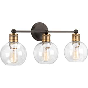 Hansford Collection 24.5 in. Vintage Electric 3-Light Antique Bronze Coastal Farmhouse Clear Glass Bathroom Vanity Light