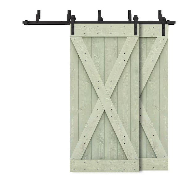 CALHOME 88 in. x 84 in. X Bypass Sage Green Stained DIY Solid Wood Interior Double Sliding Barn Door with Hardware Kit