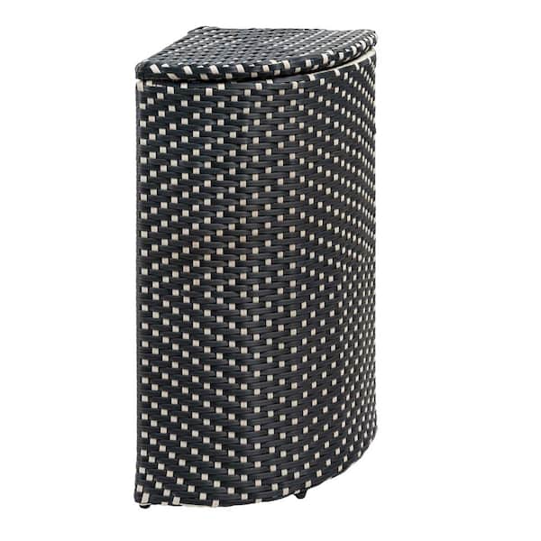 happimess Chloe 15.56 Gal. All-Weather Wicker/Metal Corner Lid Hideaway Outdoor Trash Can, Dark Navy/White