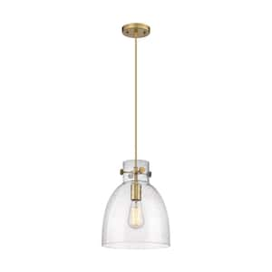 Newton Bell 100-Watt 1 Light Brushed Brass Shaded Pendant Light with Seeded glass Seeded Glass Shade