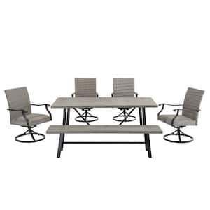 6-Piece Wicker Outdoor Dining Set with Steel Bench, Swivel Chairs and Table