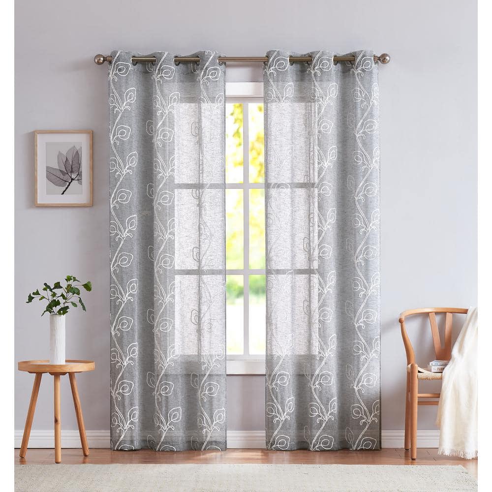 Silver Floral Grommet Room Darkening Curtain - 38 in. W x 96 in. L (Set of 