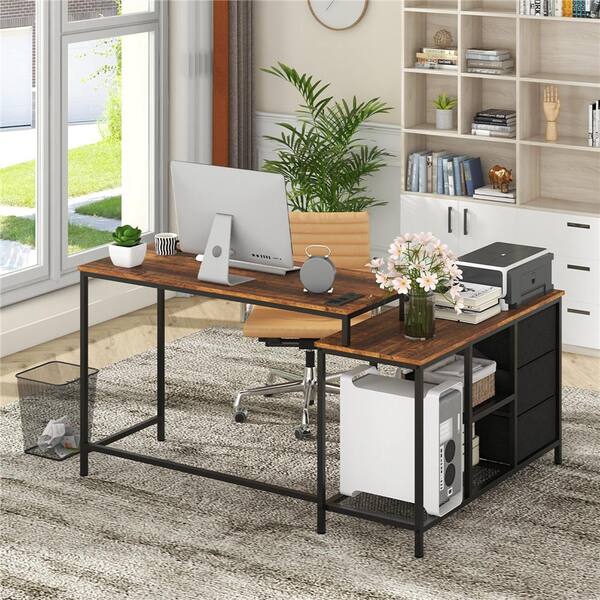 Costway 81 in. Rectangular Rustic Brown and Black Wood 3 Drawer Desk with Power Outlet HCST00339