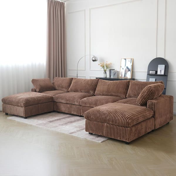 157 in. Square Arm Soft Faux Rabbit Fur Velvet 6-Piece U-Shaped Modern Comfy Cloud Modular Sectional Sofa Couch in Brown