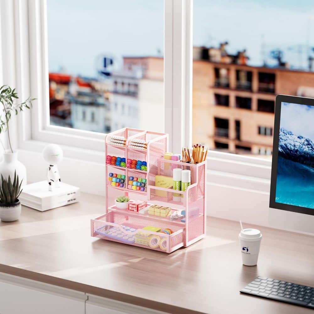 9.33 in. x 8.5 in. Pink Metal Desktop Organizer for Supplies and Accessories - Multifunctional Pen Holder with Drawer