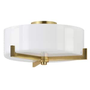 Hamlin 17.5 in. 2-Light Brushed Brass and White Semi Flush Mount with Glass Shade