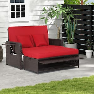 Wicker Outdoor Day Bed with Retractable Top Canopy Side Tables and Red Cushions
