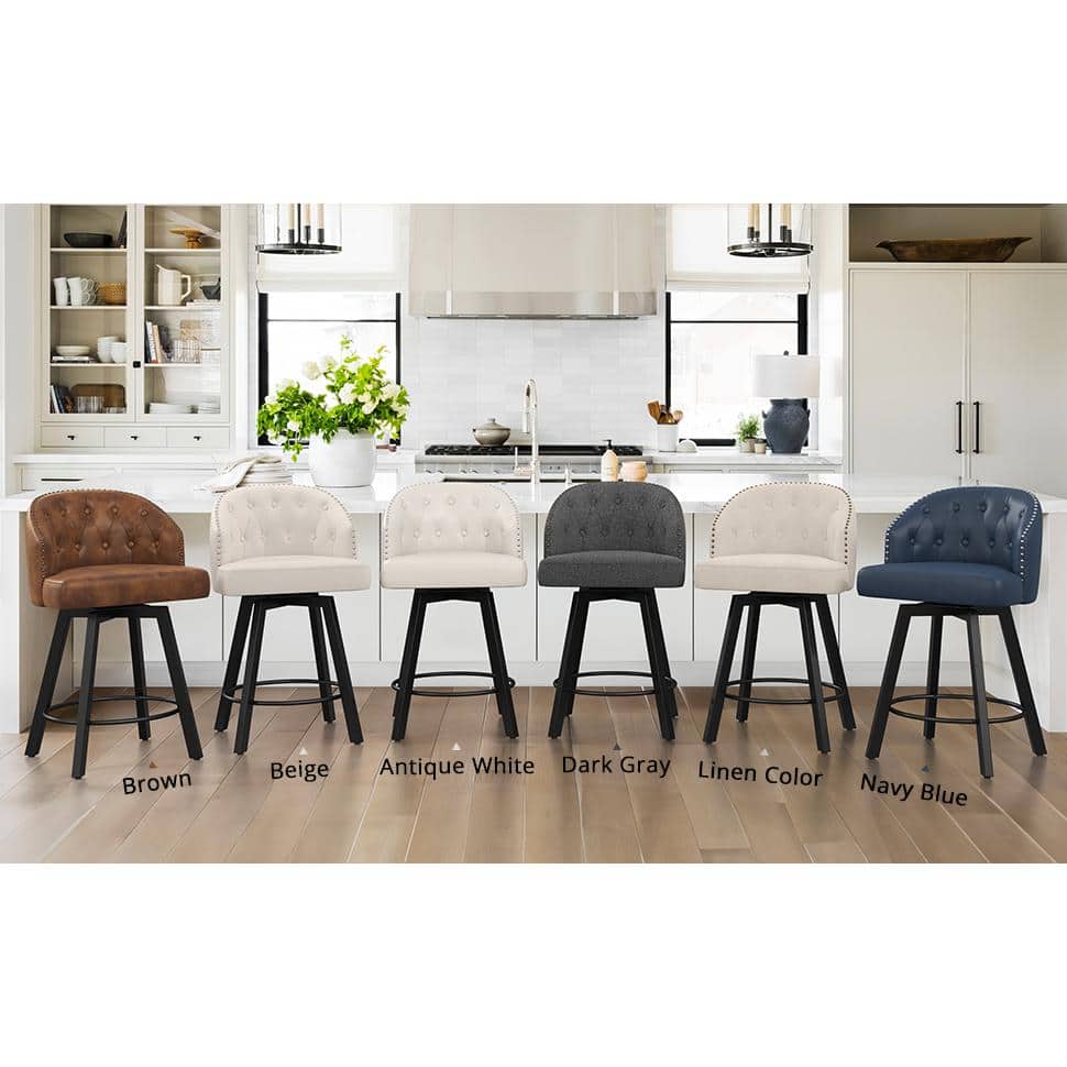 White Faux Leather Swivel Counter Height Bar Stools with Metal Frame, Set of 2