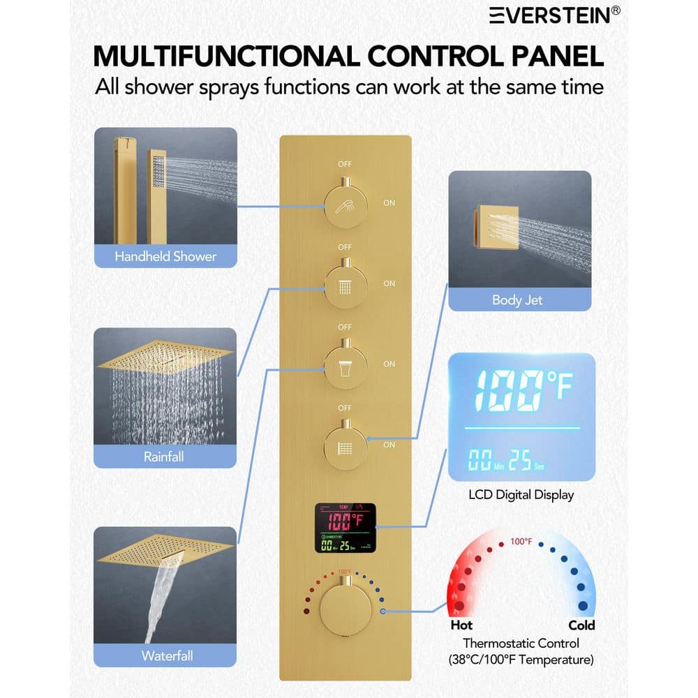 Large Brushed Gold LED Ceiling Mount Shower System