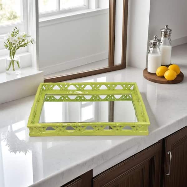 Aeny Lime Green Resin Bamboo Look Decorative Accessory Tray with Mirror