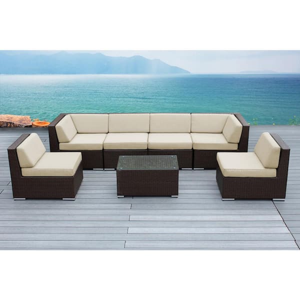 Ohana Dark Brown 7-Piece Wicker Patio Seating Set with Supercyclic Beige Cushions