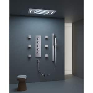 Thermostatic 15-Spray Ceiling Mount 23 x 15 in. Rectangle Shower Head with LED and Valve in Bruhsed Nickel