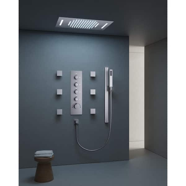 Thermostatic 15-Spray Ceiling Mount 23 x 15 in. Rectangle LED Mood Lighting Shower System with Valve in Brushed Nickel