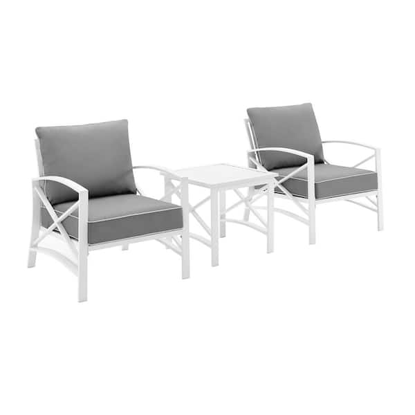 CROSLEY FURNITURE Kaplan White 3-Piece Metal Patio Conversation Set with Grey Cushions