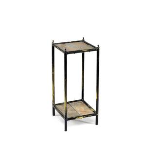 17 in. Gray Stone Slab 2-Tier Small Square Black/Gold Cast Metal Indoor Plant Stand