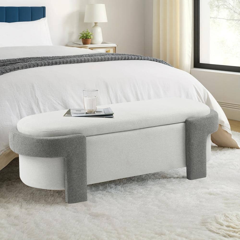 Loftia Modern Upholstered Flip Top Storage Ottoman Bench, Off-white + Grey