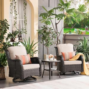 Moonlight Brown 3-Piece Wicker Patio Conversation Seating Sofa Set with Beige Cushions and Swivel Rocking Chairs