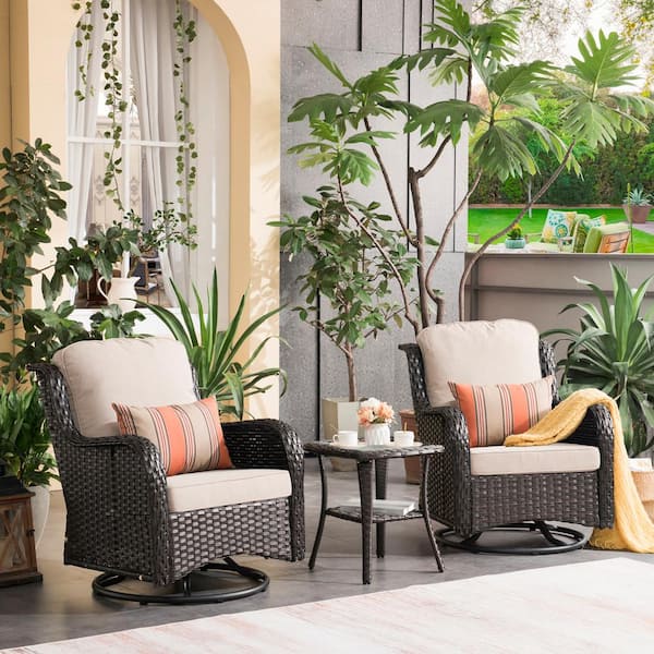 XIZZI Moonlight Brown 3-Piece Wicker Patio Conversation Seating Sofa Set with Beige Cushions and Swivel Rocking Chairs
