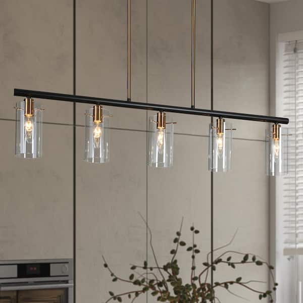 Zevni 5-Light Plated Brass and Matte Black Island Hanging Chandelier Modern Linear Pendant Light for Kitchen and Dining Room