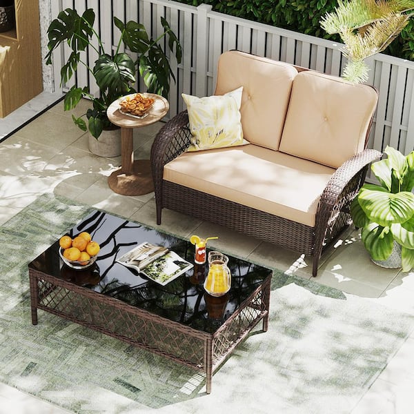 PATIOGUARDER 2-Person Brown Wicker Patio Conversation Seating Set with Beige Cushions and Coffee Table