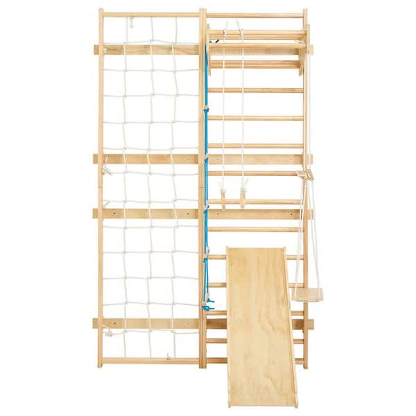 Swedish Ladder Wall Gym, 8-in-1 15-Level Wood Stall Bars for Kids & Adults, 220 lbs. Indoor Gym with Slide, Swing, Rings